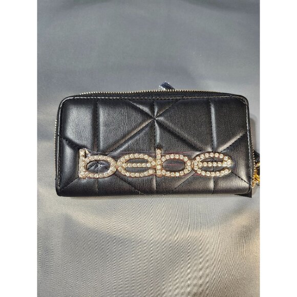 adult unisex BEBE ZAZA RHINESTONES BLING DESIGN ZIP AROUND WRISTLET WALLET - 4" - Picture 2 of 5